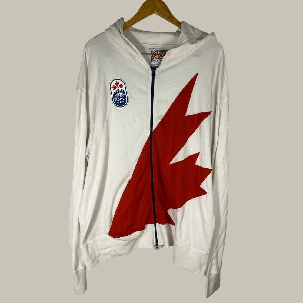 Vintage Roots Canada Full Zip Hoodie White Red Maple Leaf Graphic XL